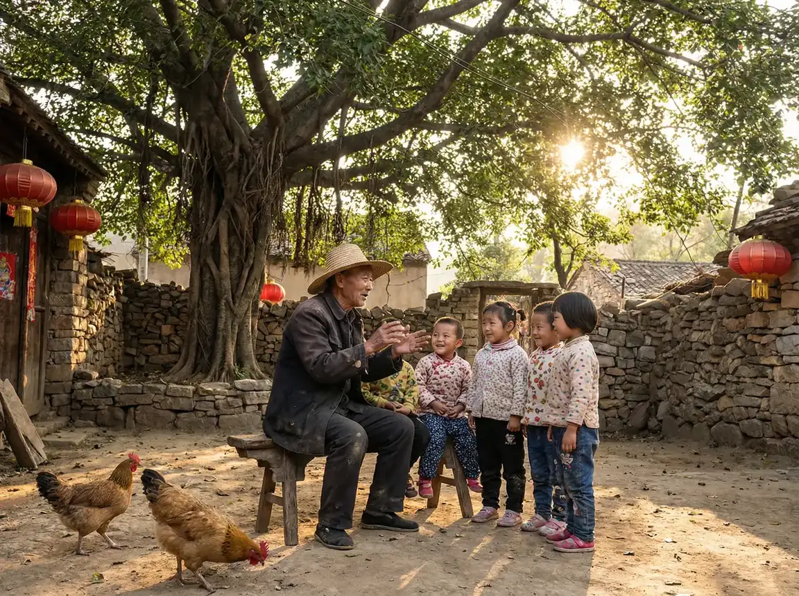 老人在大榕树下给孩子们讲故事 - 塞上风云记电视剧50集免费观看 乡村记忆